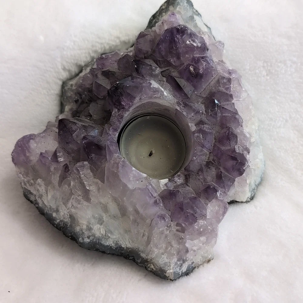 Amethyst Crystal Candle Holder Purple Raw Geode Cluster - Picture 2 of 16